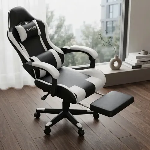 Silla Gamer Ergonómica Reclinable con Apoya Pies Cuero Sintético Negro Premium